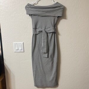 Striped Off-Shoulder Belted Midi Dress - Black & White